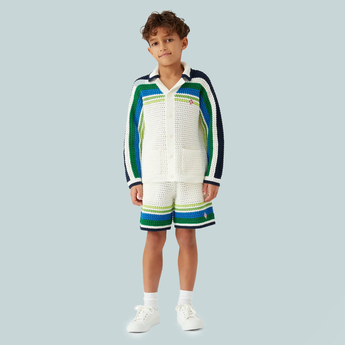 Boys Tennis Stripe Knit Shirt White / Blue