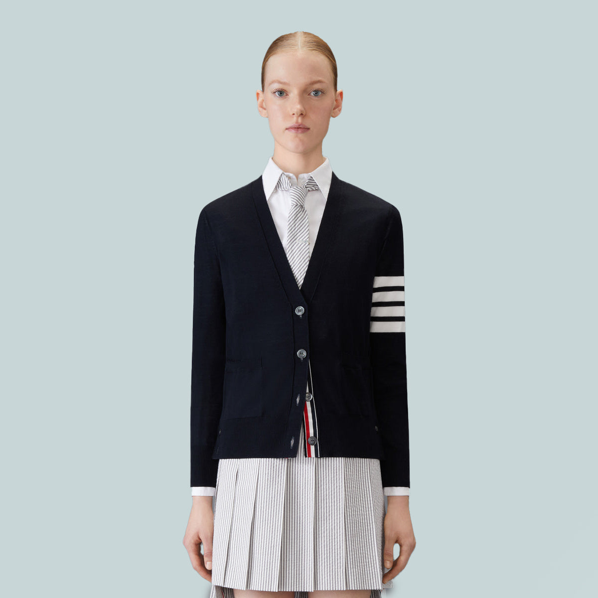 Merino Wool 4-Bar Relaxed Fit V-Neck Cardigan Navy