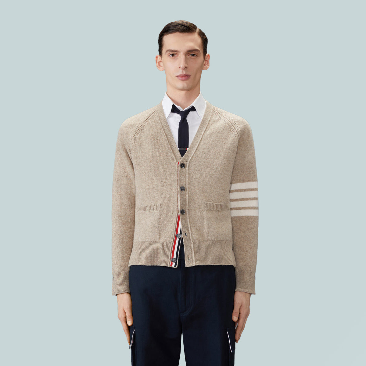 Shetland Wool 4-Bar Relaxed Fit V Neck Cardigan