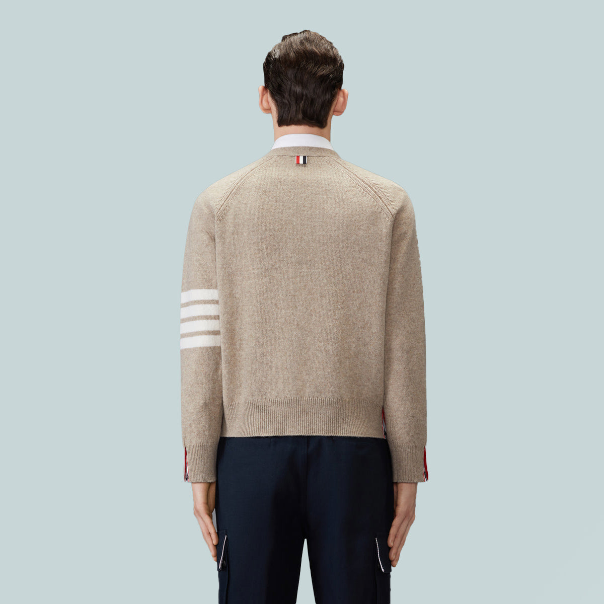 Shetland Wool 4-Bar Relaxed Fit V Neck Cardigan