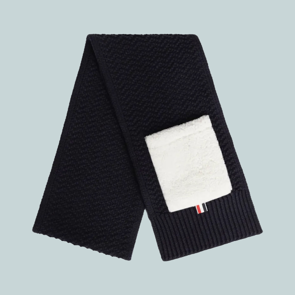 Chunky Merino Link Stitch Shearling Pocket Scarf Navy