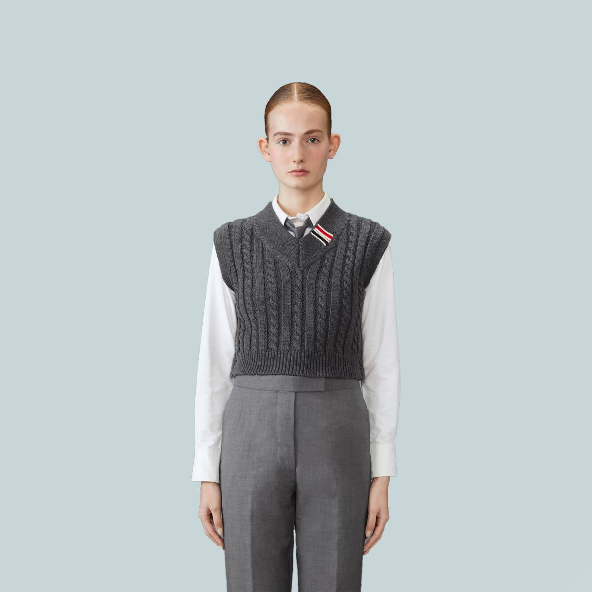 Baby Cable Stitch Cropped V Neck Pullover Vest Grey