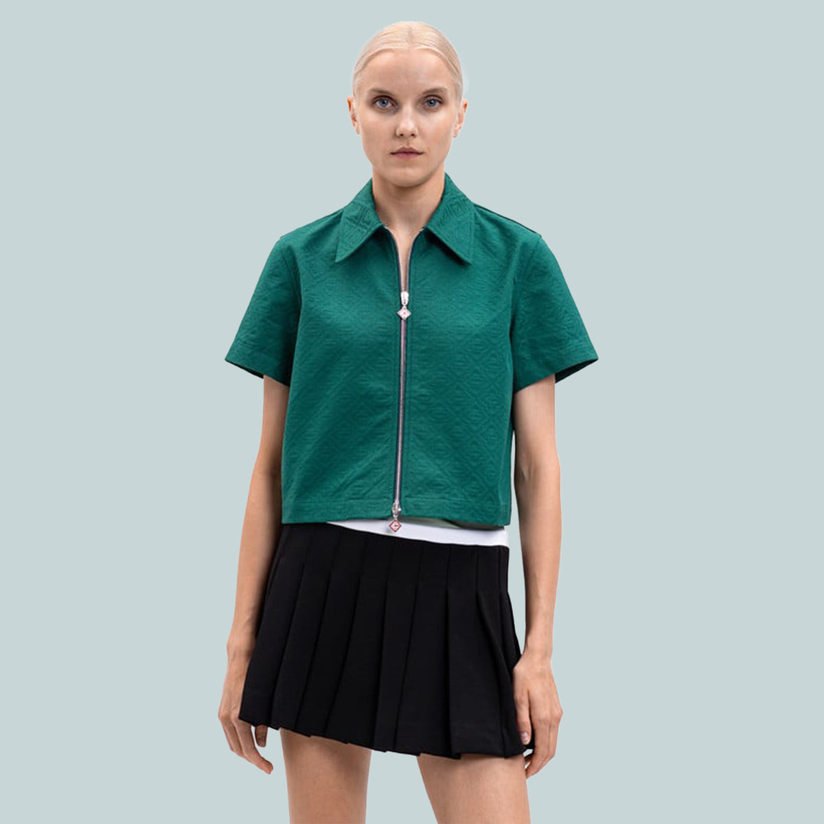 Cropped Monogram Zip-Up Shirt Green