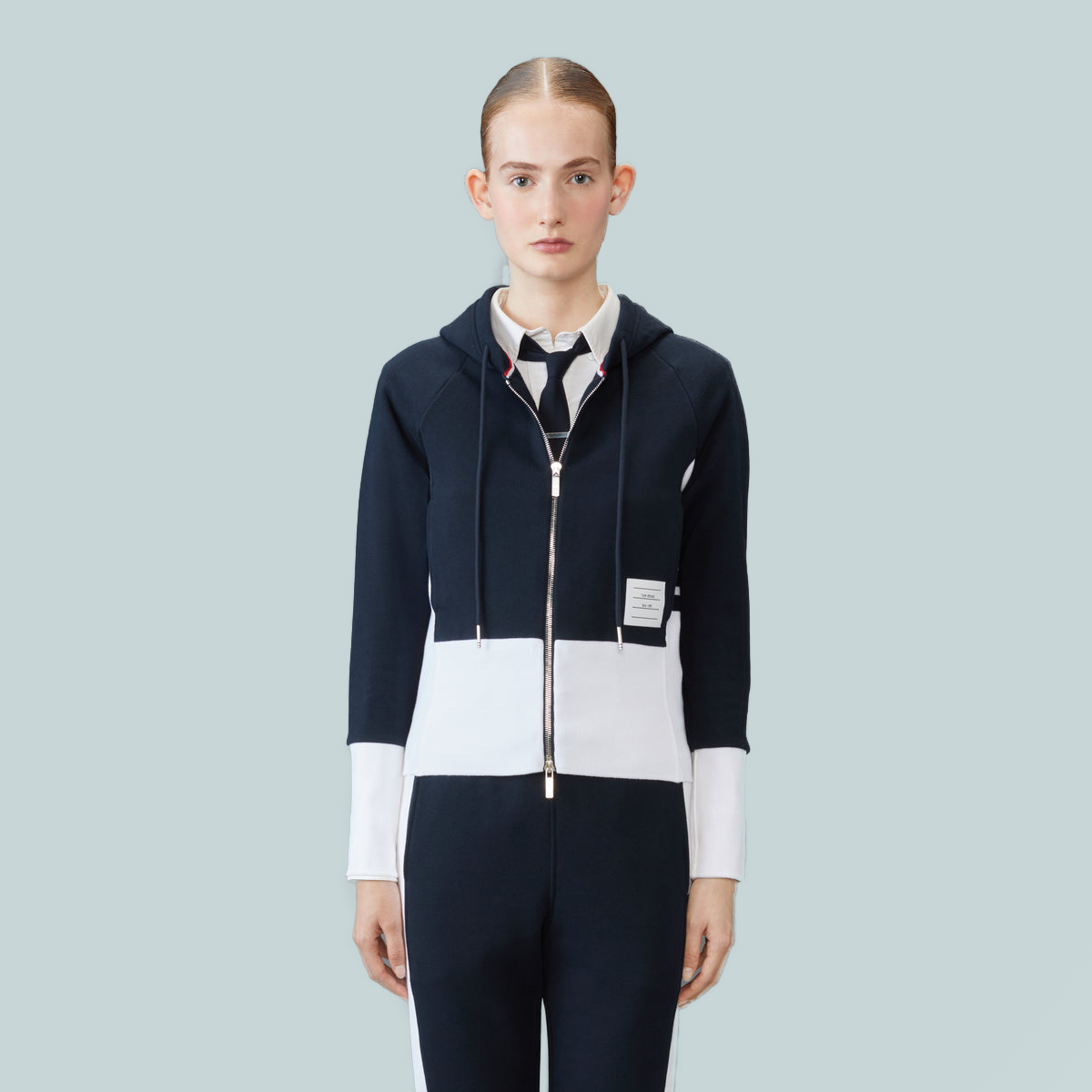 Classic Loopback 4-Bar Zip Up Hoodie Colour Blocked Navy
