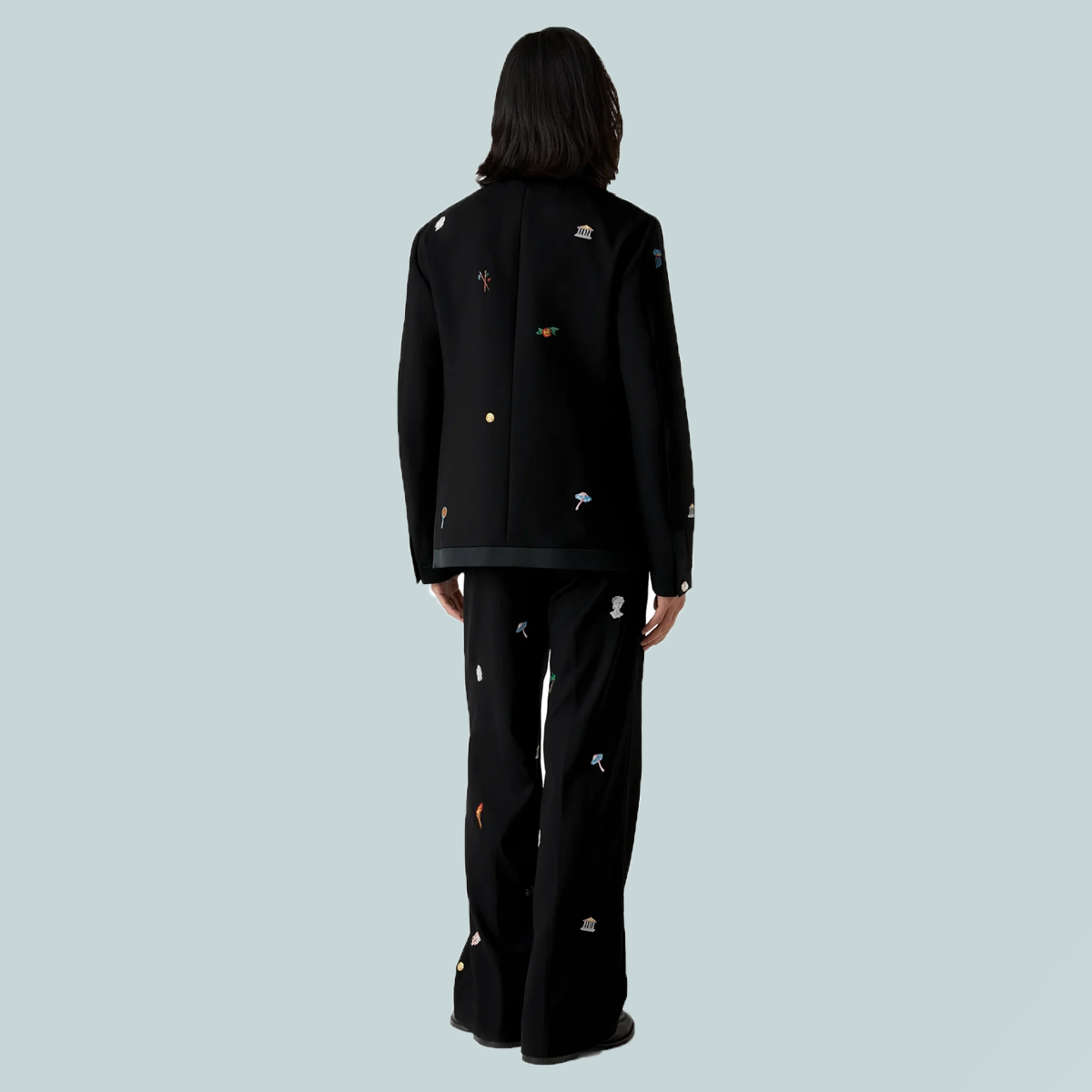 Embroidered Motif Tailored Trousers Black