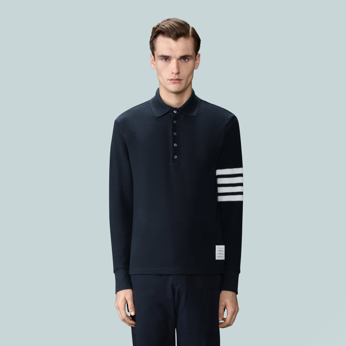 Textured Pique 4-Bar Long Sleeve Polo Navy
