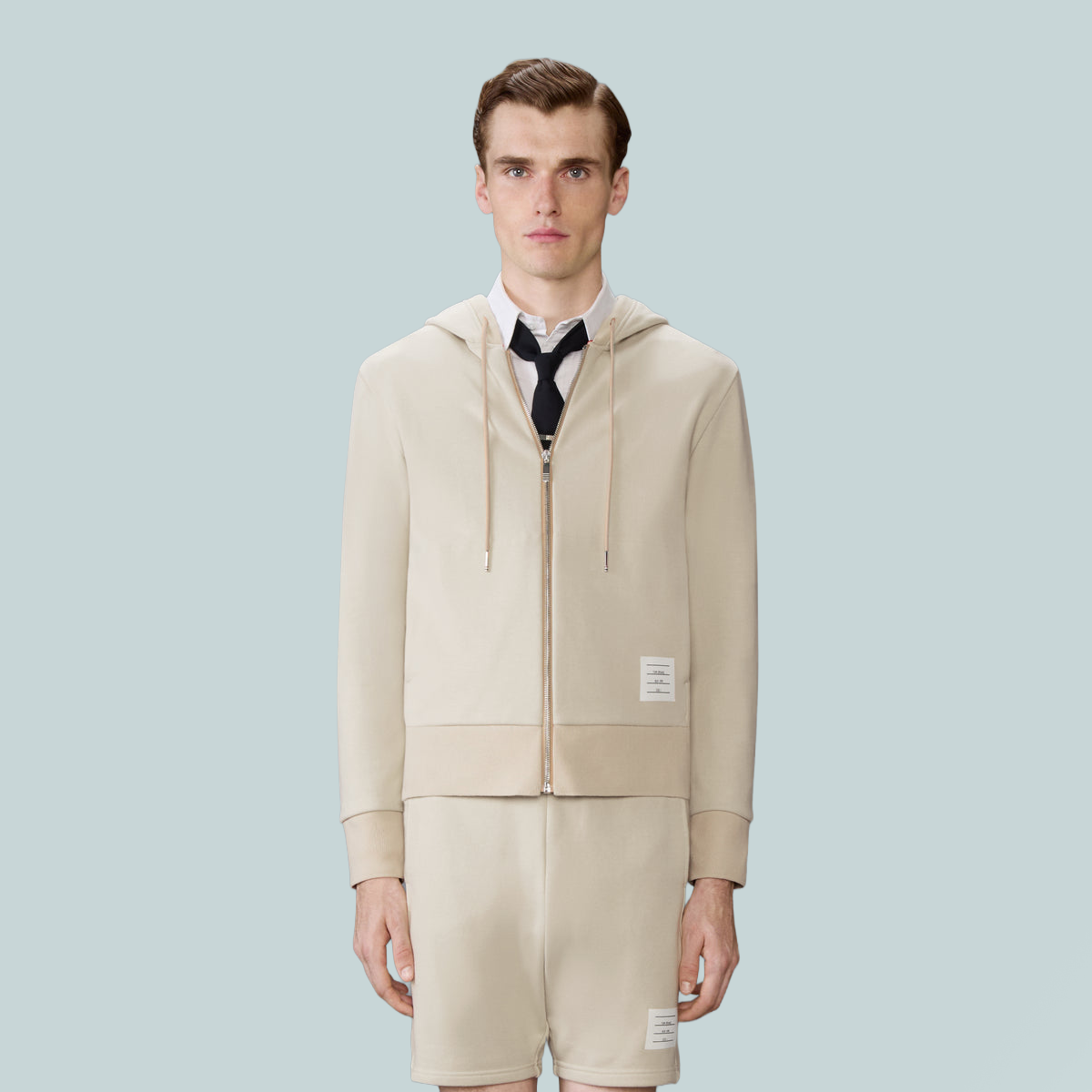 Loopback Jersey Colourblocked 4-Bar Zip Up Hoodie Beige