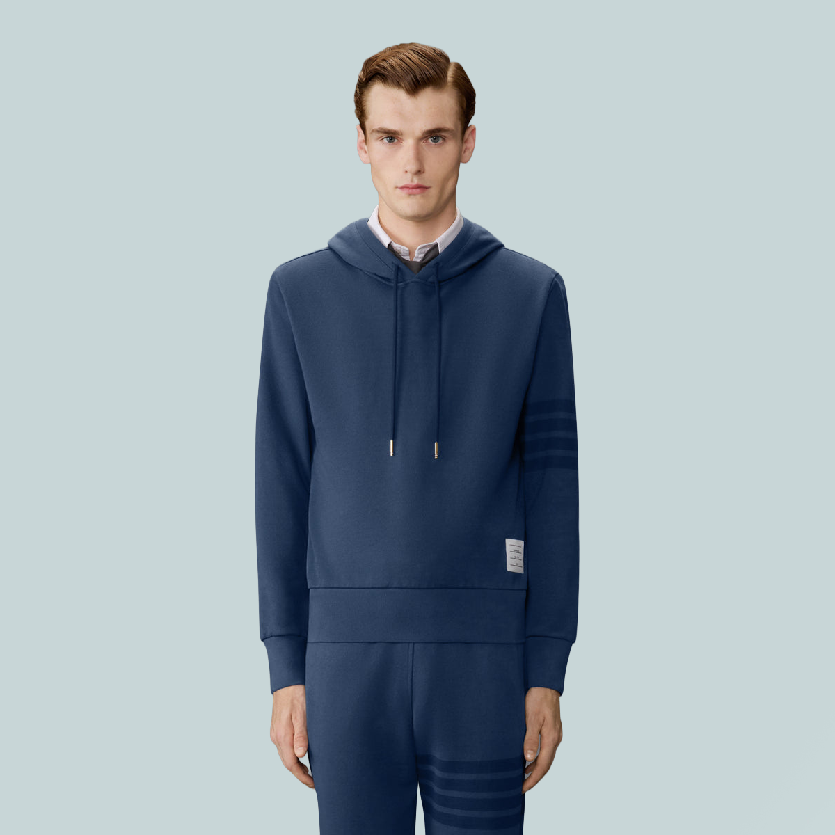 Long Sleeve Hoodie Pullover W/ Overdyed 4 Bar In Solid Loopback Navy