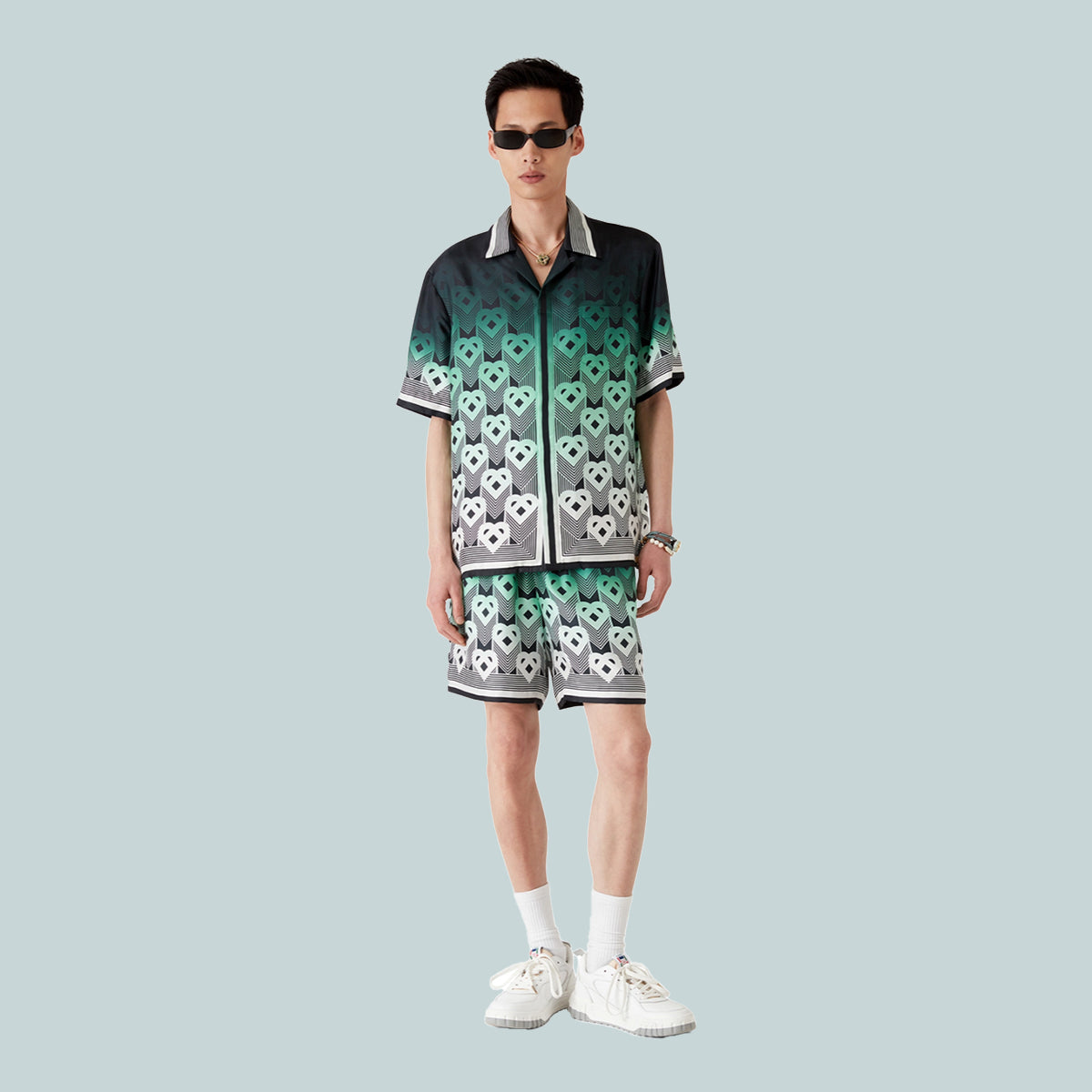 Cuban Collar Short Sleeve Silk Shirt Heart Monogram Gradient