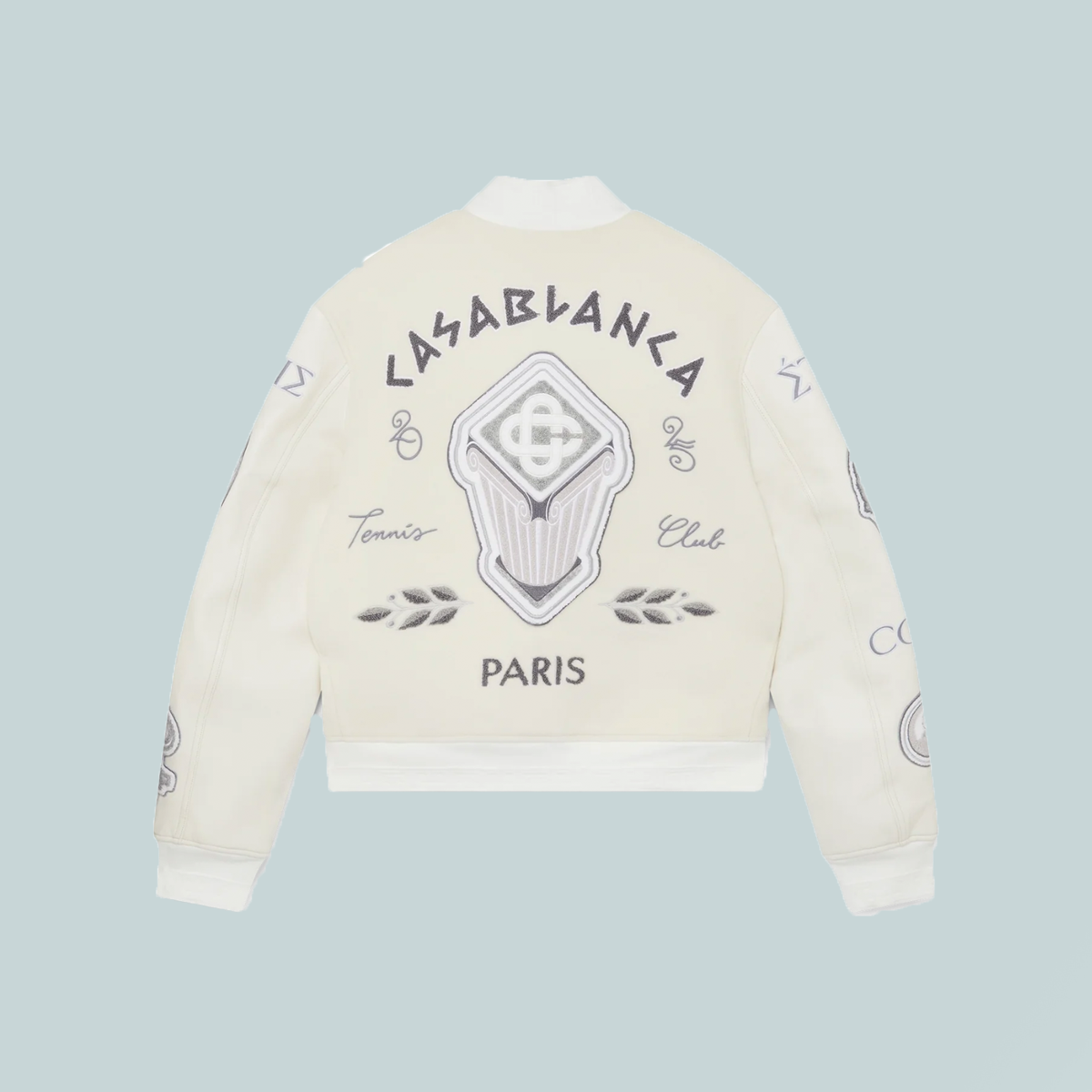 Chenille Embroidered Patchwork Bomber Jacket Off White