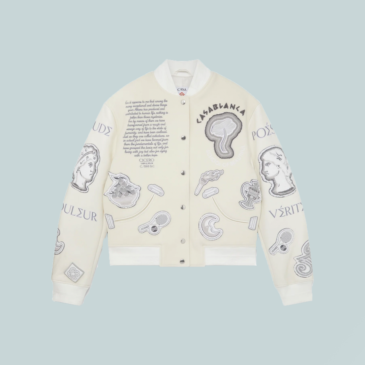 Chenille Embroidered Patchwork Bomber Jacket Off White