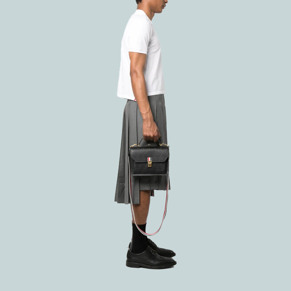 Small School Bag w/ Top Handle In Pebble Grain Leather Black