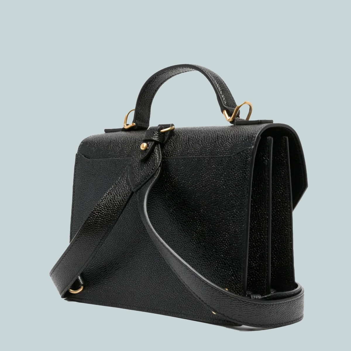 Small School Bag w/ Top Handle In Pebble Grain Leather Black