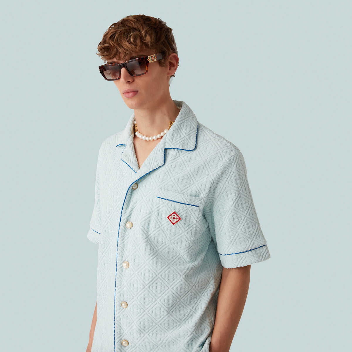 Open Collar Towelling Shirt Light Blue