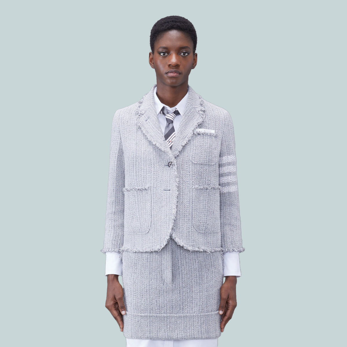 Tweed Fray 4-Bar Cropped Sack Jacket Grey