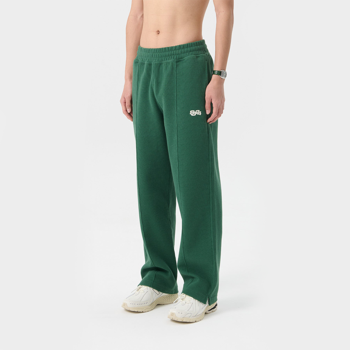 Waffle Knit Straight Leg Sweatpants Hunter Green