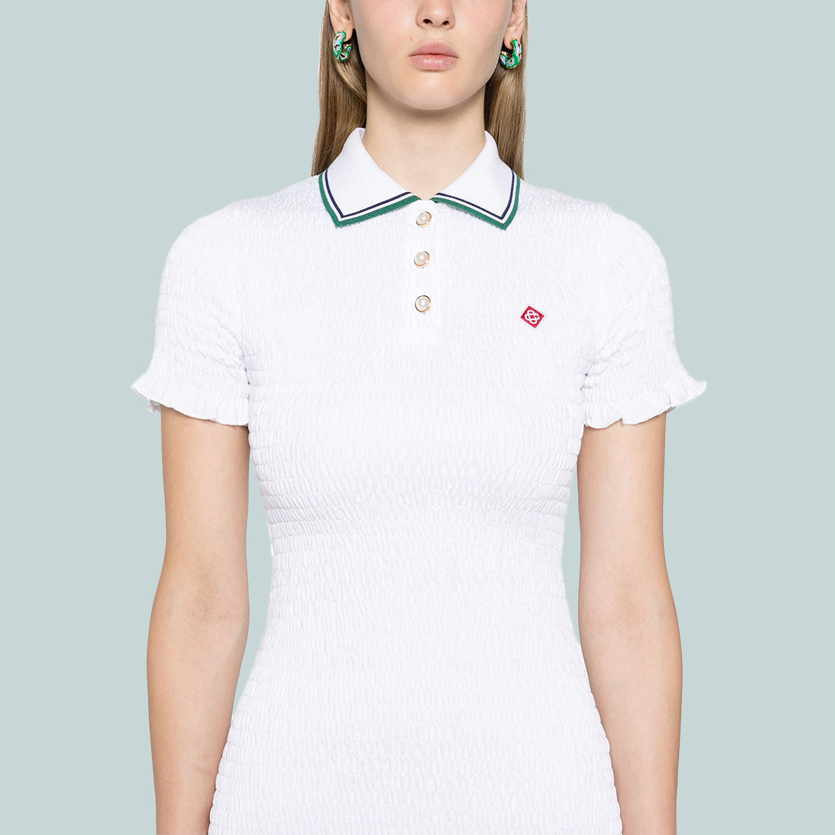 Shirred Polo Dress White