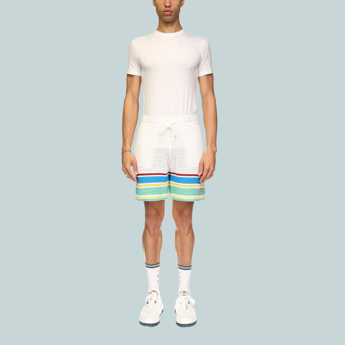 Crochet Effect Tennis Shorts White/Blue