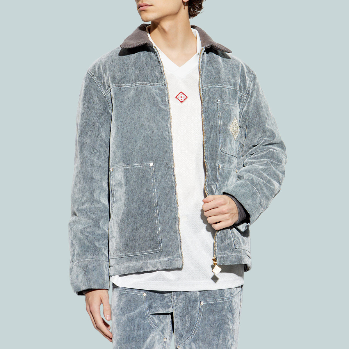 Monogram Peach Denim Cargo Jacket Grey